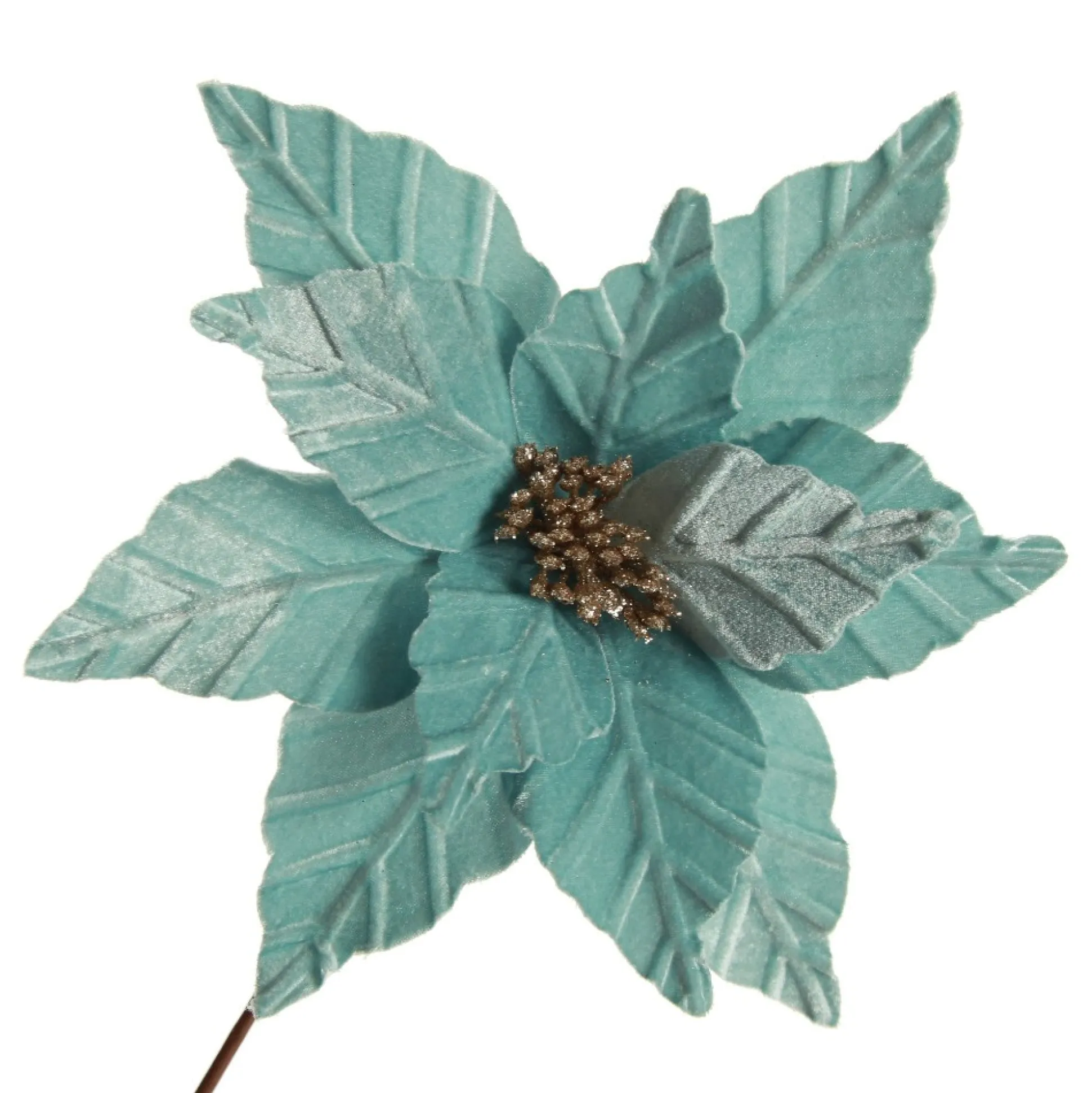 Pale Blue Velvet Embossed Poinsettia Flower Stem Christmas Flowers|