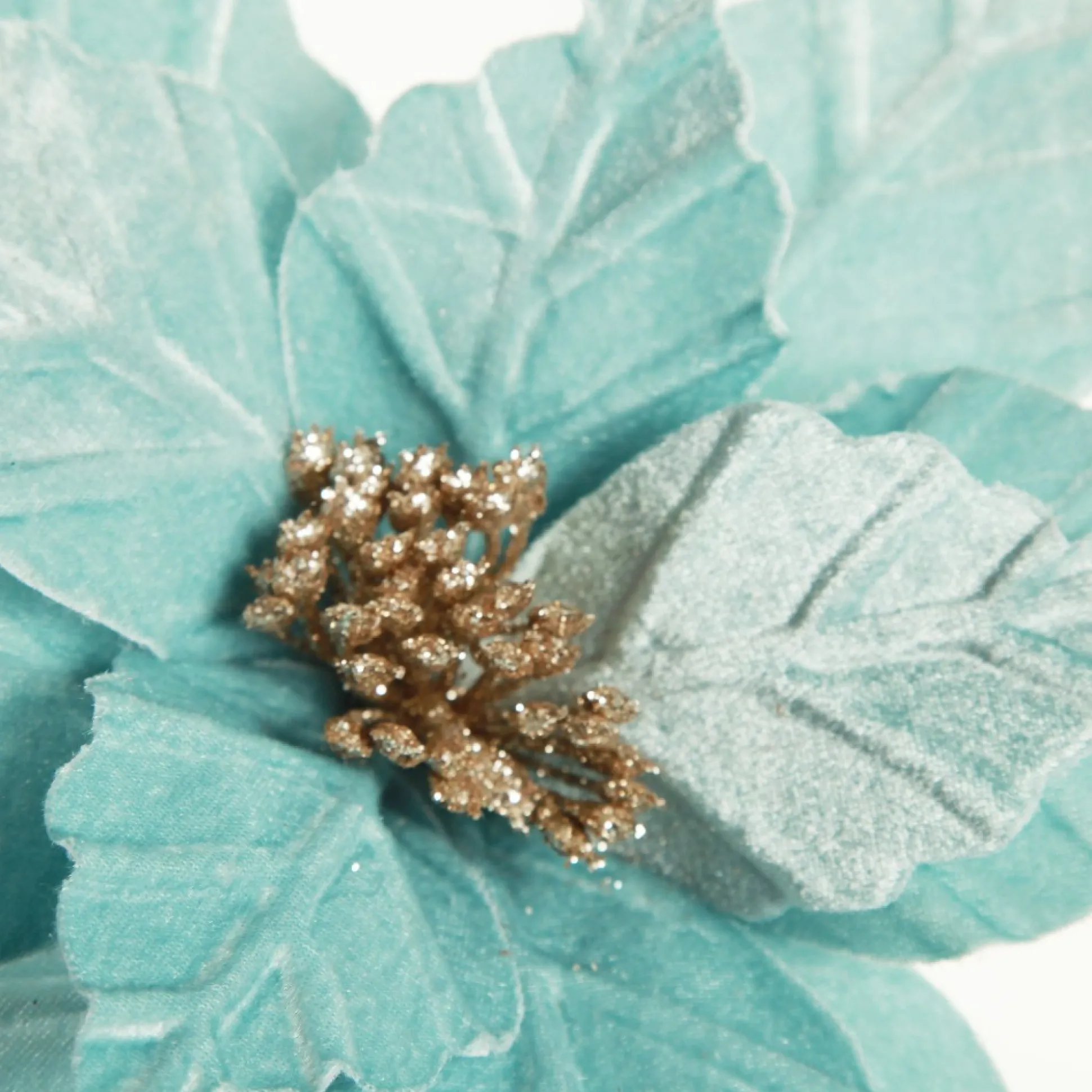 Pale Blue Velvet Embossed Poinsettia Flower Stem Christmas Flowers|