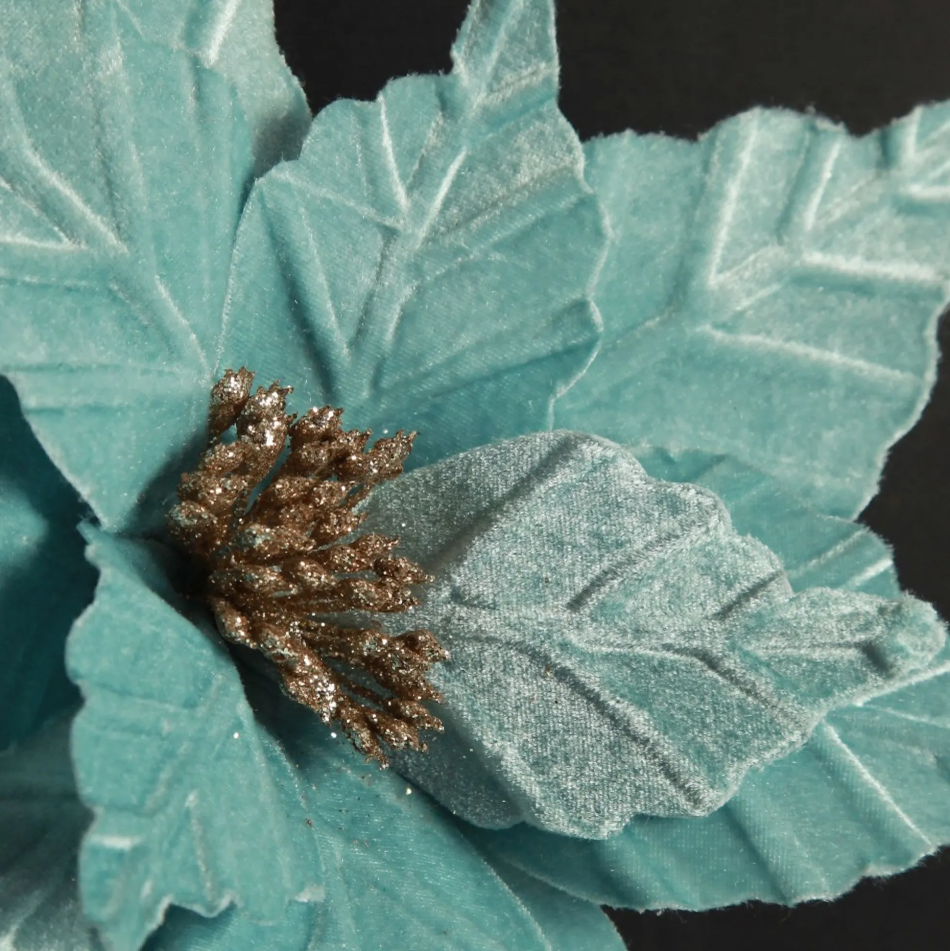 Pale Blue Velvet Embossed Poinsettia Flower Stem Christmas Flowers|