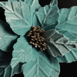 Pale Blue Velvet Embossed Poinsettia Flower Stem Christmas Flowers|