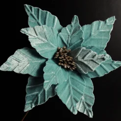 Pale Blue Velvet Embossed Poinsettia Flower Stem Christmas Flowers|