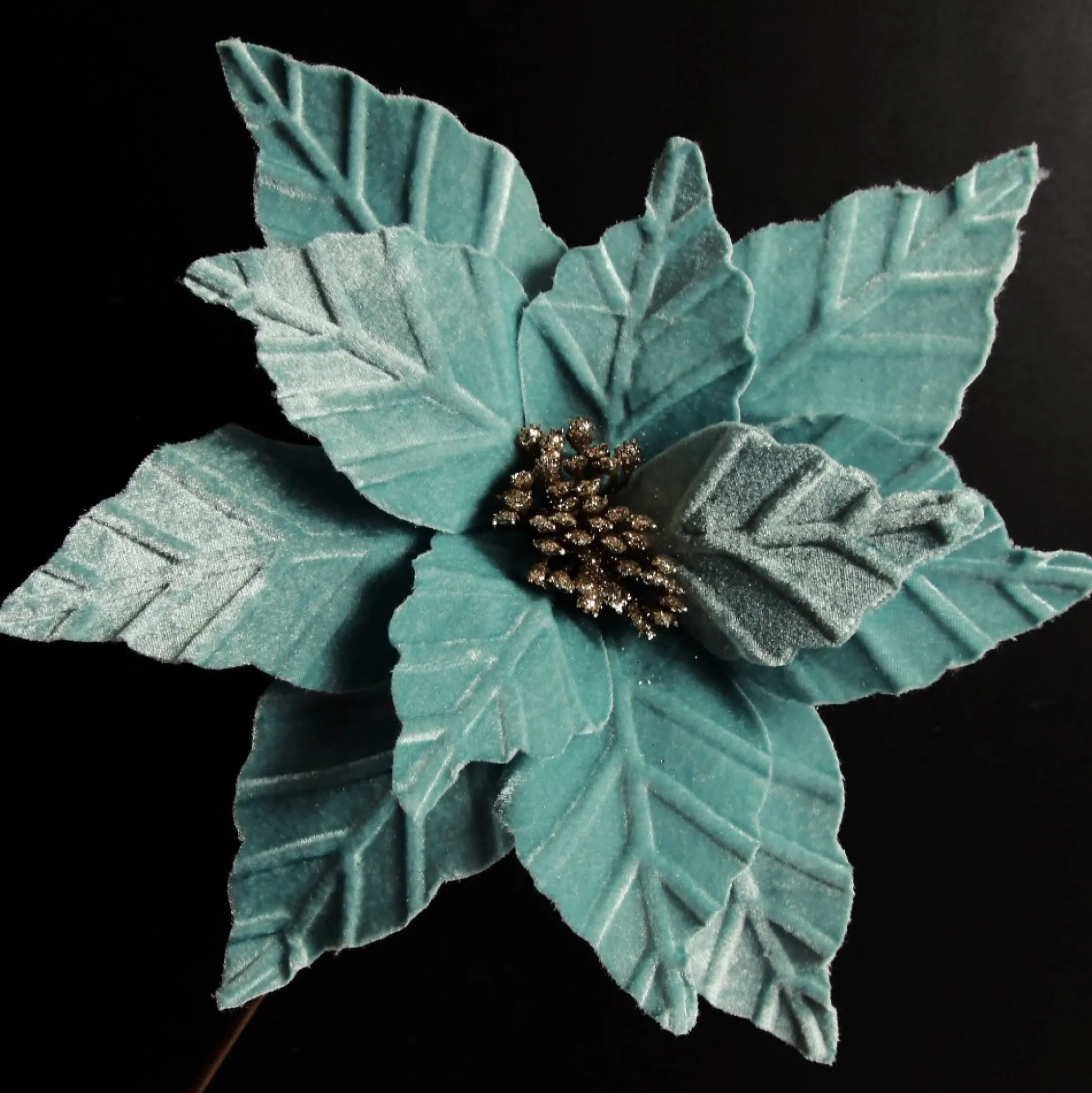 Pale Blue Velvet Embossed Poinsettia Flower Stem Christmas Flowers|