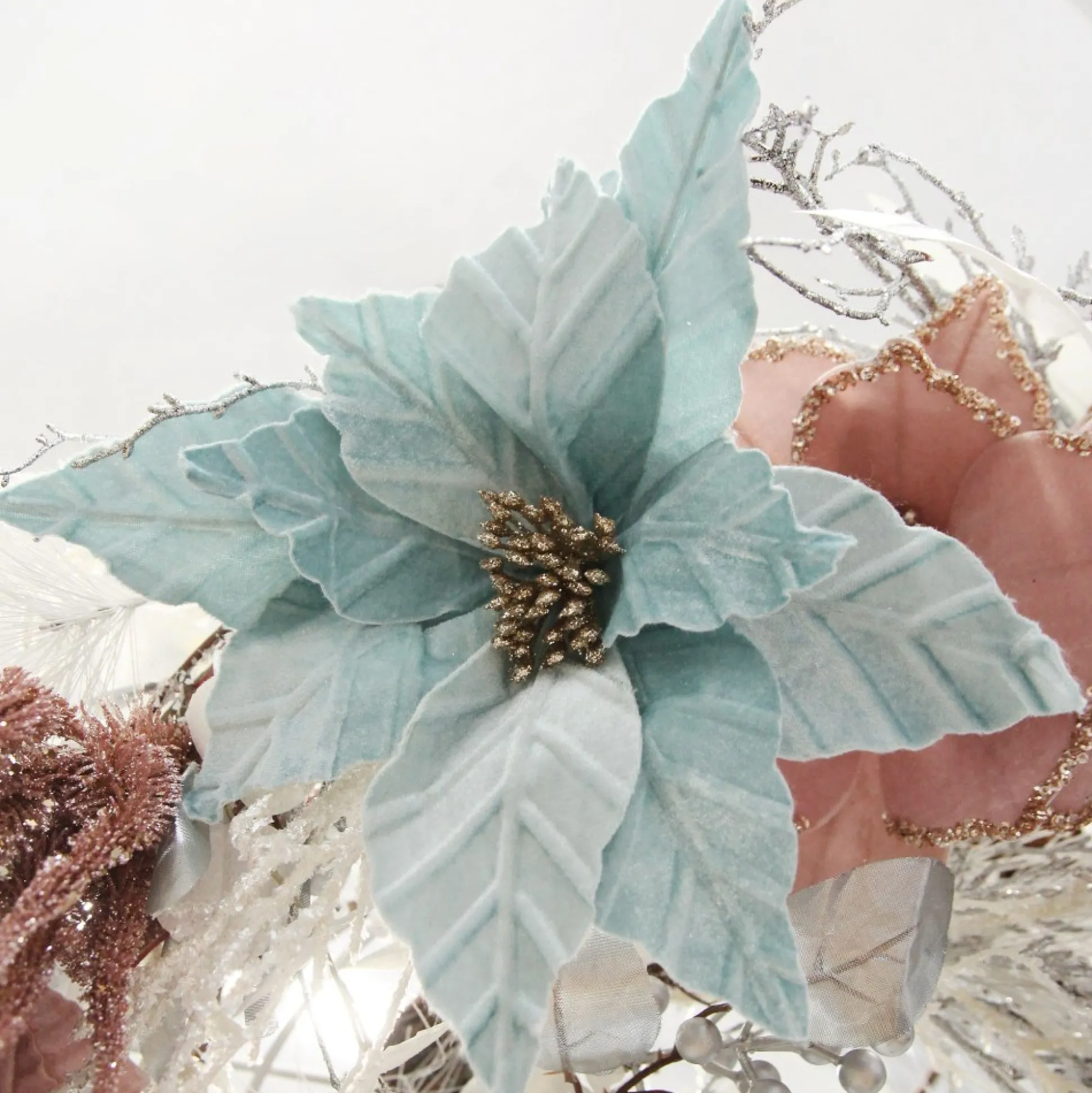 Pale Blue Velvet Embossed Poinsettia Flower Stem Christmas Flowers|