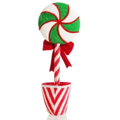 Peppermint Velvet Lollipop in Candy Cane Stripe Topiary Pot Christmas Ornaments|