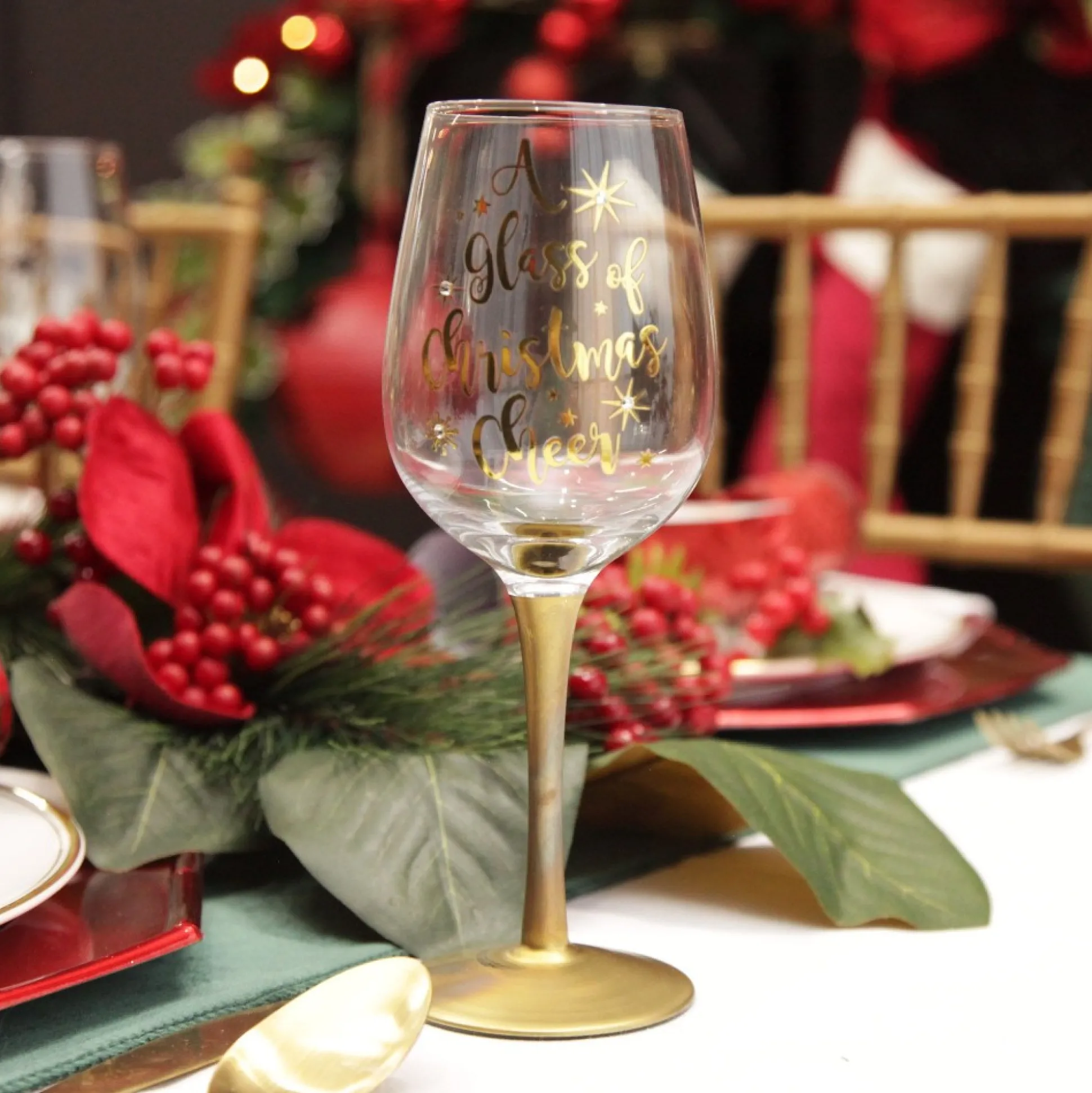 Personalised 'A Glass of Christmas Cheer' Wine Glass Gold Stem Christmas Wine Glasses And Mugs|