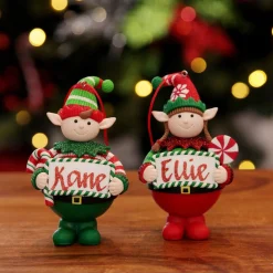 Personalised Boy Elf with Candy Cane Christmas Ornament Christmas Character Baubles|