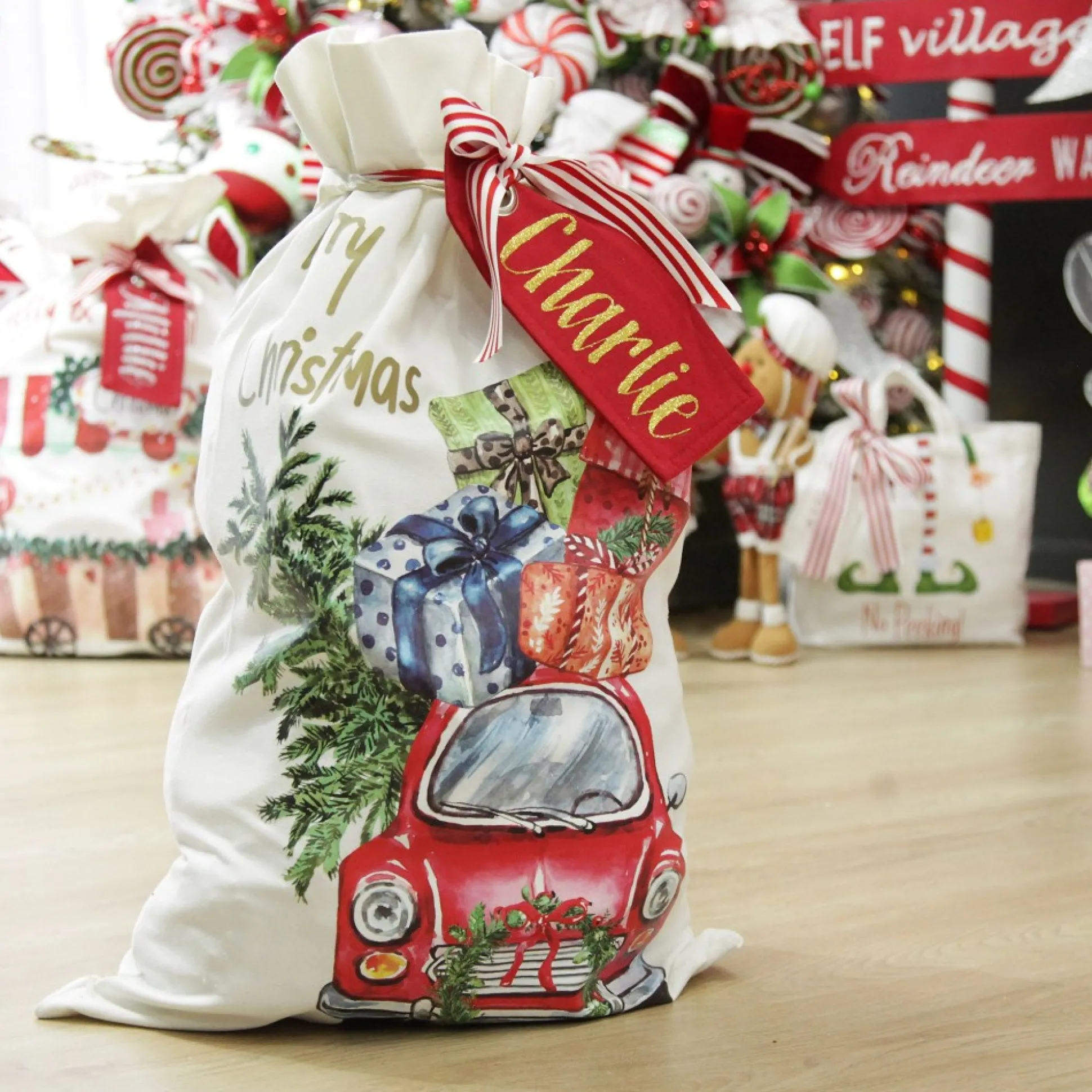 Personalised Christmas Vintage Car Santa Sack Personalised Santa Sacks|