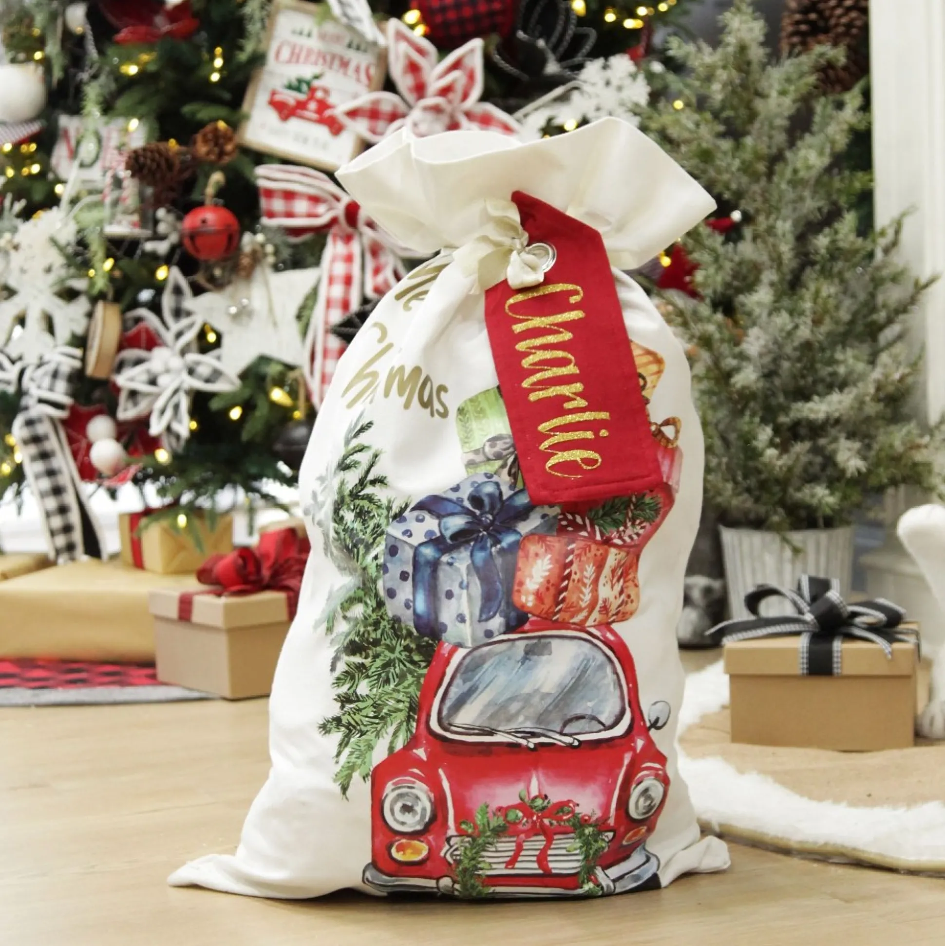Personalised Christmas Vintage Car Santa Sack Personalised Santa Sacks|