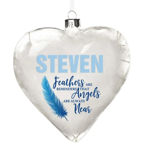 Personalised Feather Glass Heart - Feathers are Reminders - Blue Memorial Baubles|