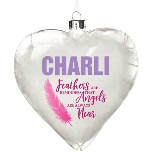 Personalised Feather Glass Heart - Feathers are Reminders - Pink Memorial Baubles|