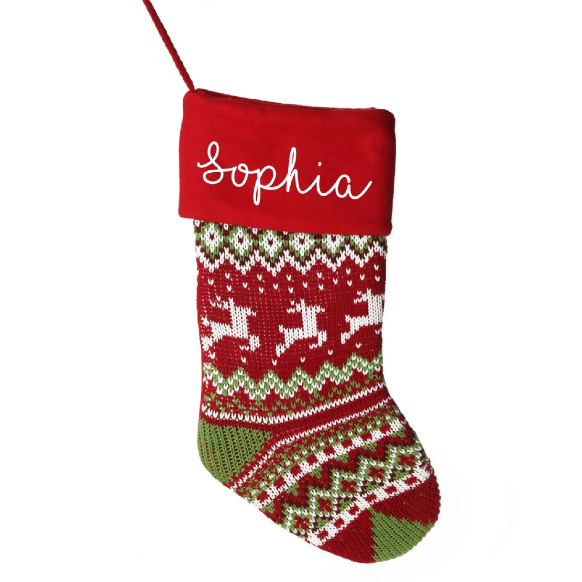 Personalised Knitted Reindeer Christmas Stocking - Red Cuff Personalised Stockings|