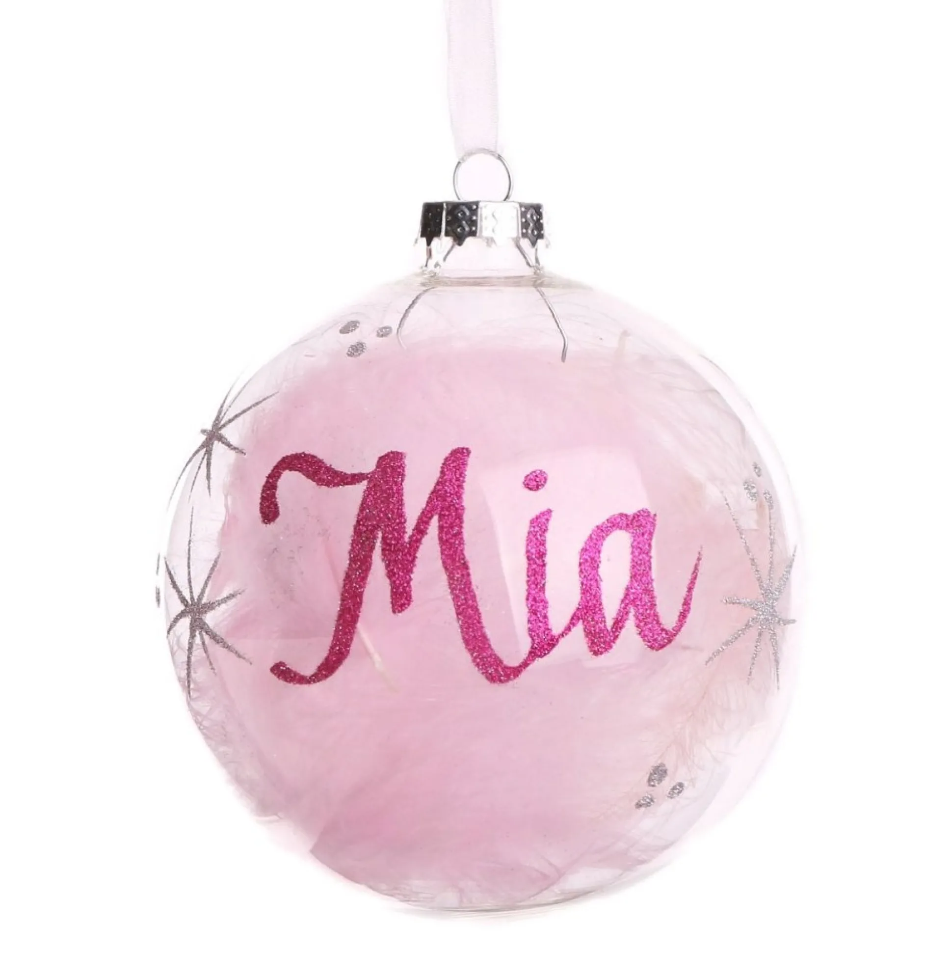 Personalised Pink Feather Clear Glass Christmas Bauble Personalised Baubles|