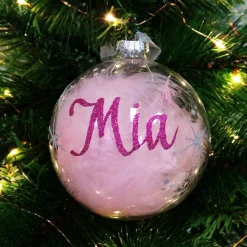 Personalised Pink Feather Clear Glass Christmas Bauble Personalised Baubles|