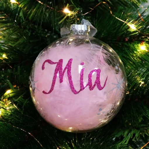 Personalised Pink Feather Clear Glass Christmas Bauble Personalised Baubles|