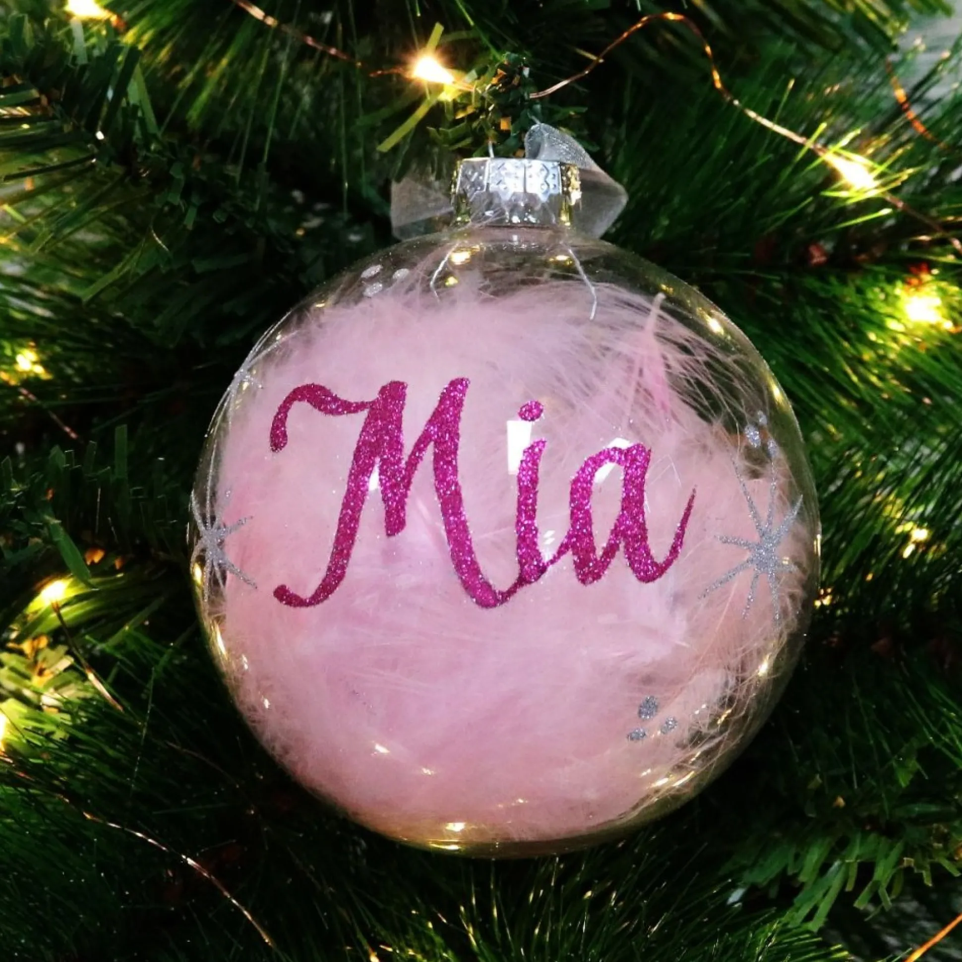 Personalised Pink Feather Clear Glass Christmas Bauble Personalised Baubles|