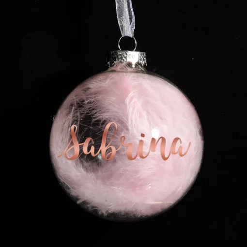 Personalised Pink Feather Clear Glass Christmas Bauble Personalised Baubles|