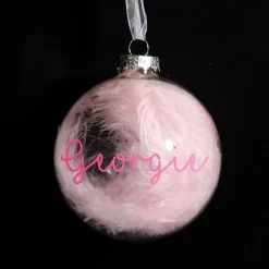 Personalised Pink Feather Clear Glass Christmas Bauble Personalised Baubles|