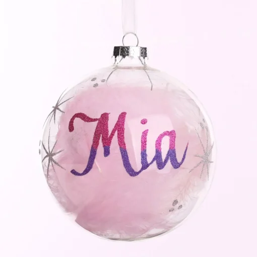 Personalised Pink Feather Clear Glass Christmas Bauble Personalised Baubles|