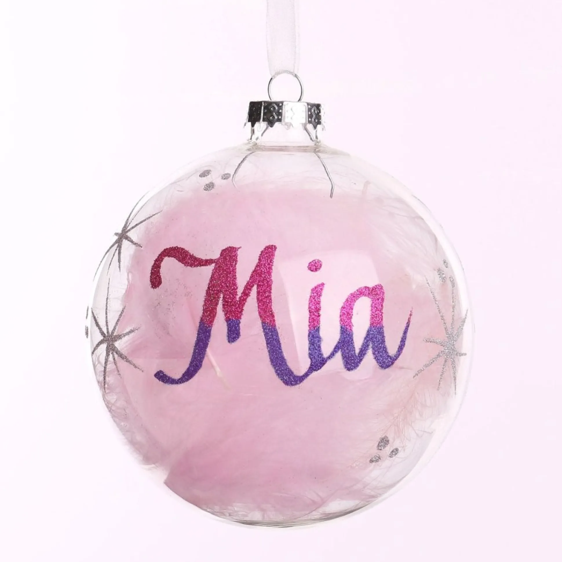 Personalised Pink Feather Clear Glass Christmas Bauble Personalised Baubles|