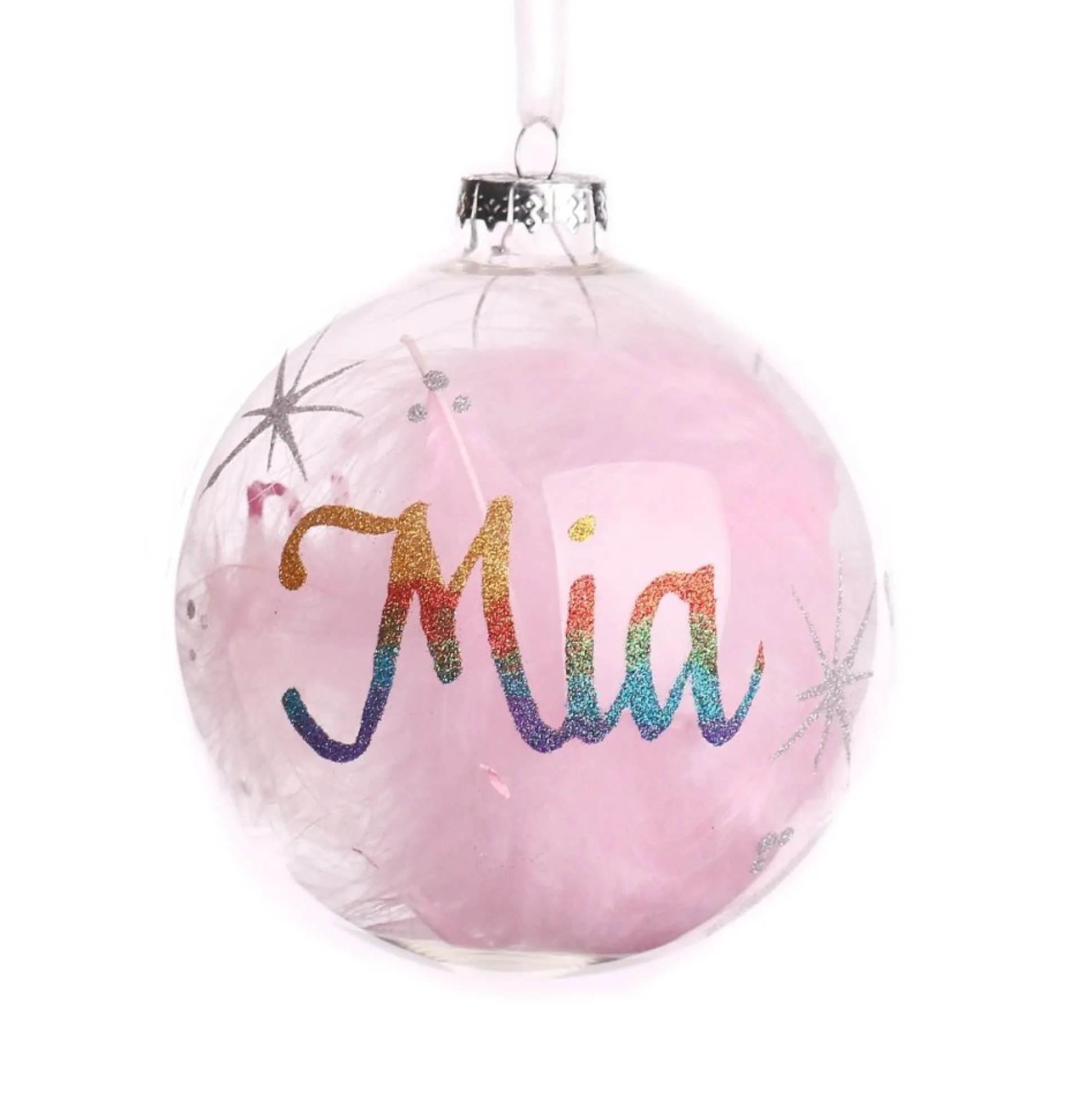 Personalised Pink Feather Clear Glass Christmas Bauble Personalised Baubles|