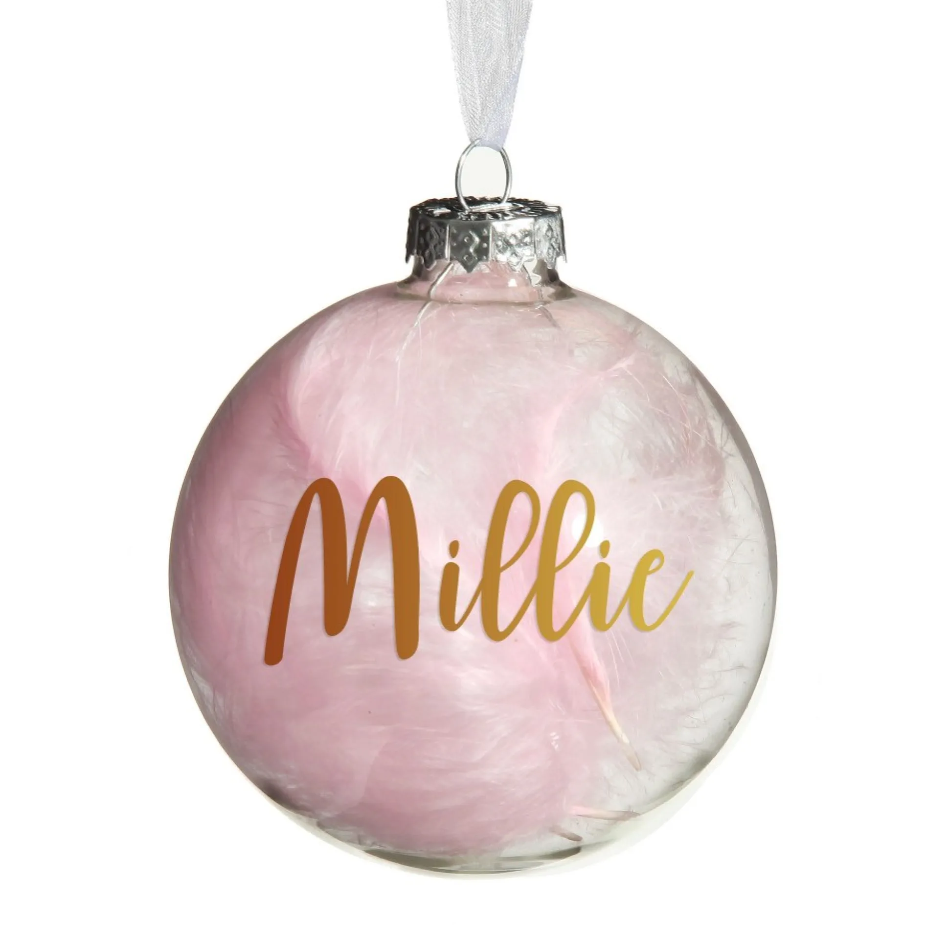 Personalised Pink Feather Clear Glass Christmas Bauble Personalised Baubles|