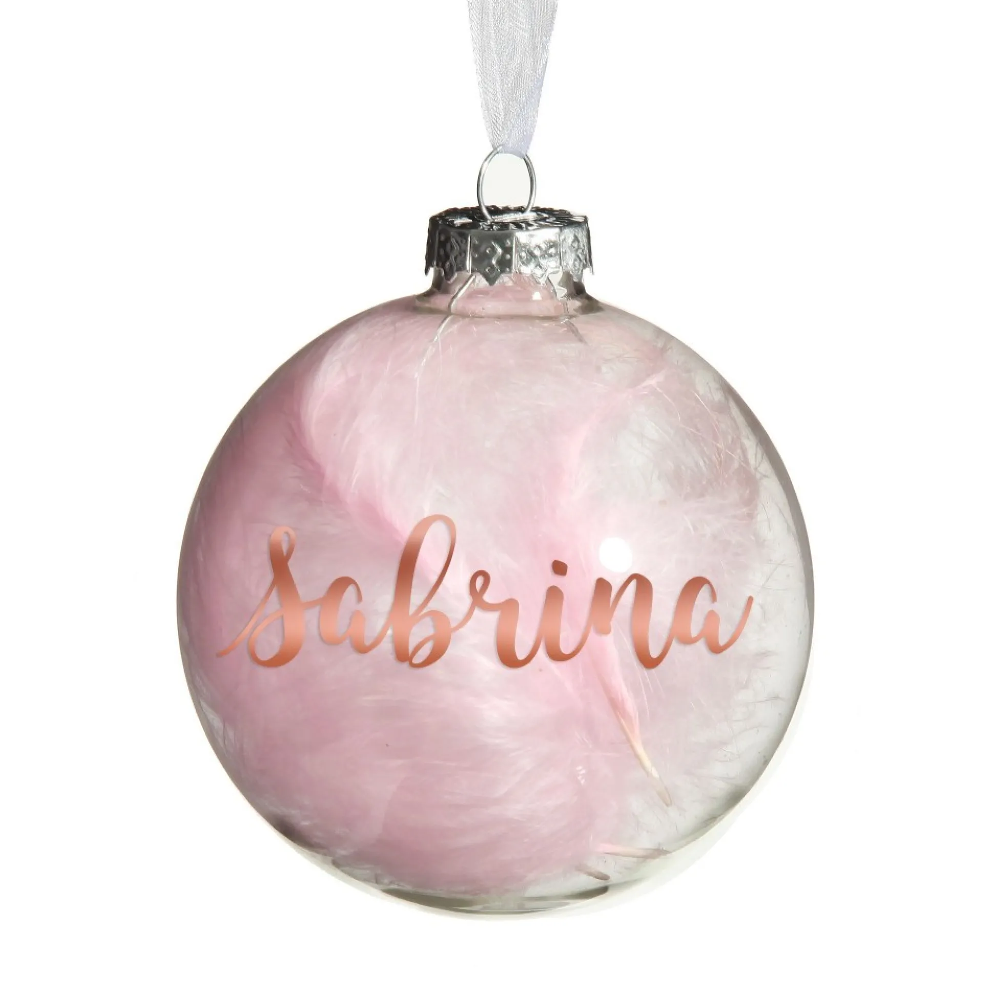 Personalised Pink Feather Clear Glass Christmas Bauble Personalised Baubles|
