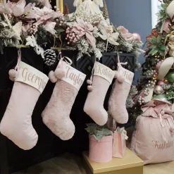 Personalised Pink Fur Christmas Stocking with Pom Poms Personalised Stockings|