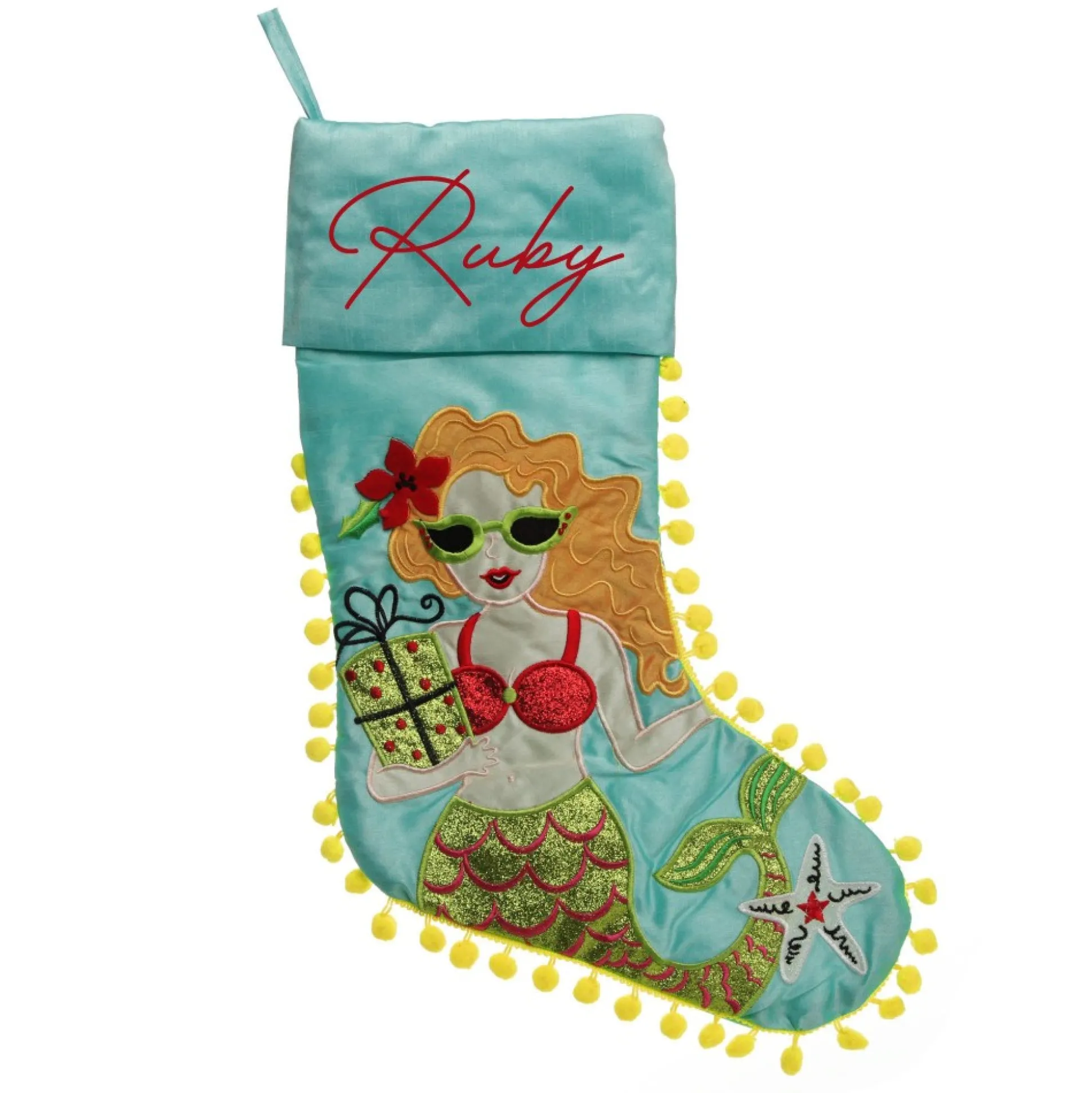 Personalised Pom Pom Beach Mermaid Christmas Stocking Personalised Stockings|
