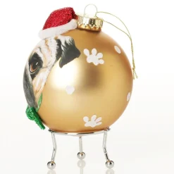 Personalised Pug Dog with Santa Hat Gold Christmas Bauble Hand Painted Baubles|