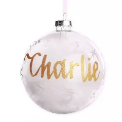 Personalised White Feather Clear Glass Christmas Bauble Personalised Baubles|