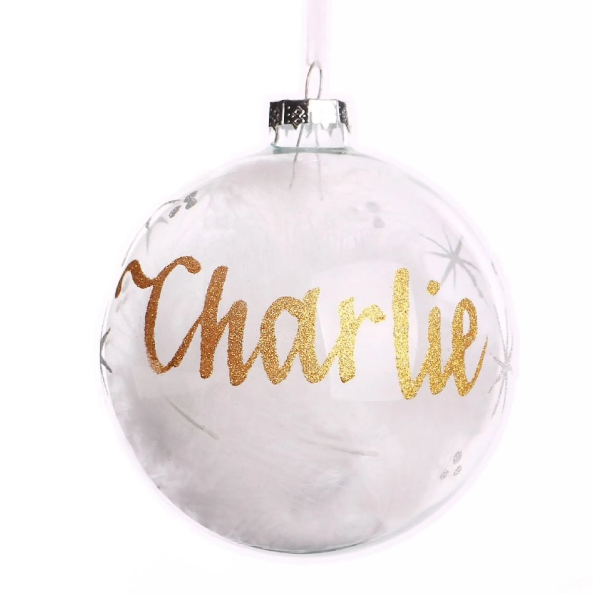 Personalised White Feather Clear Glass Christmas Bauble Personalised Baubles|