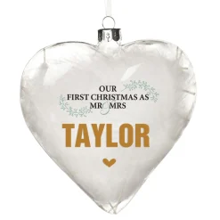 Personalised White Feather Glass Heart - Our First Christmas as Mr & Mrs Glass Hearts And Discs|