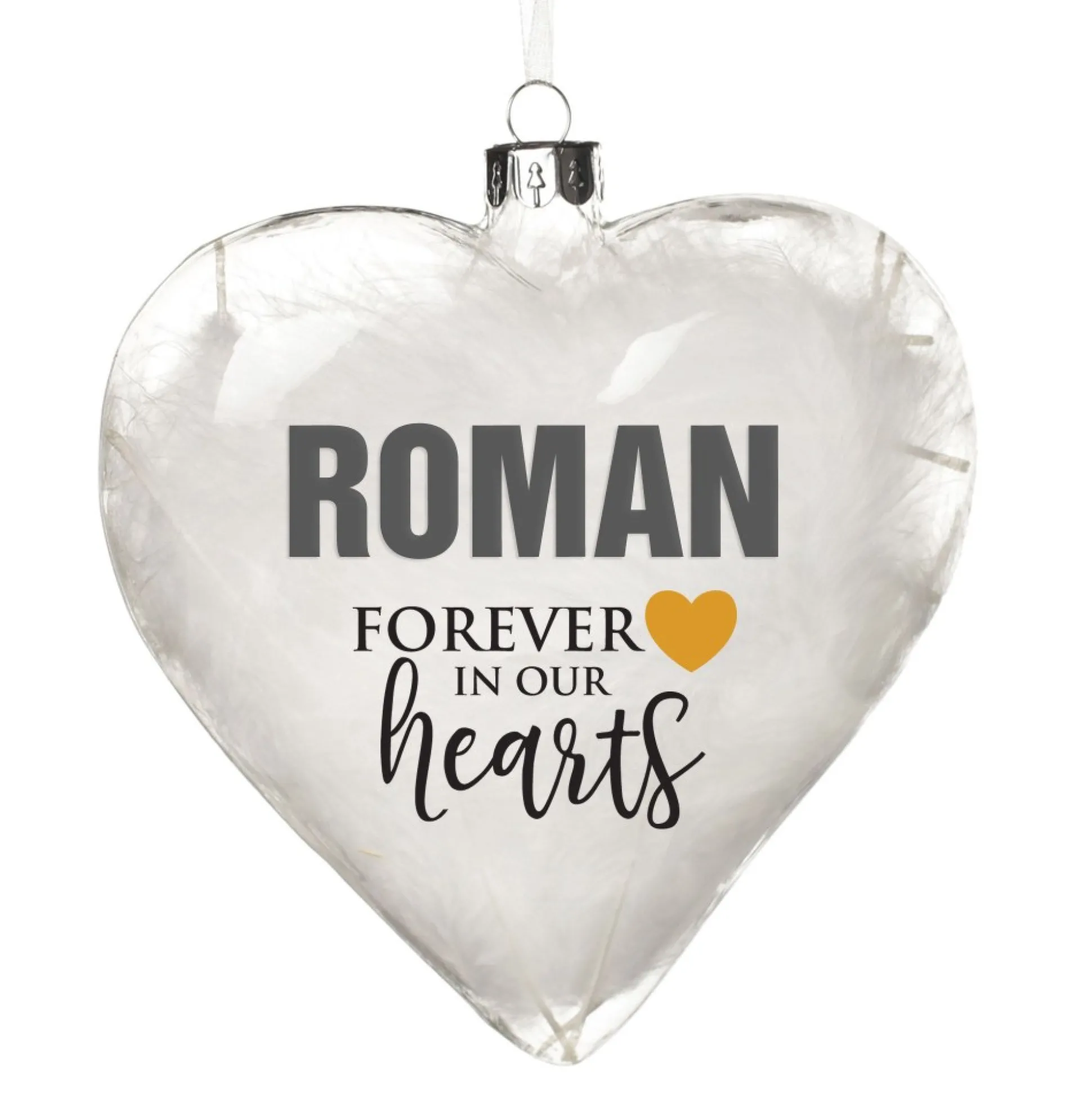 Personalised White Feather Glass Heart - Forever in Our Hearts Memorial Baubles|