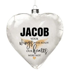 Personalised White Feather Glass Heart - Your Wings Were Ready Memorial Baubles|