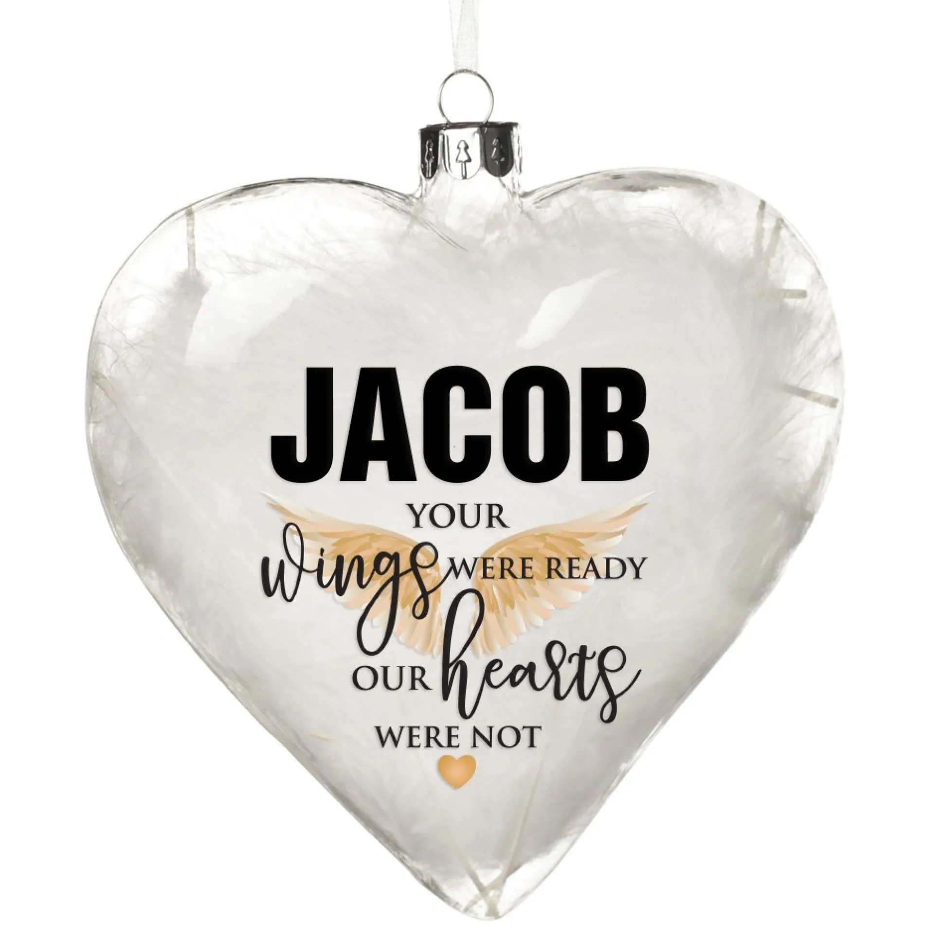 Personalised White Feather Glass Heart - Your Wings Were Ready Memorial Baubles|