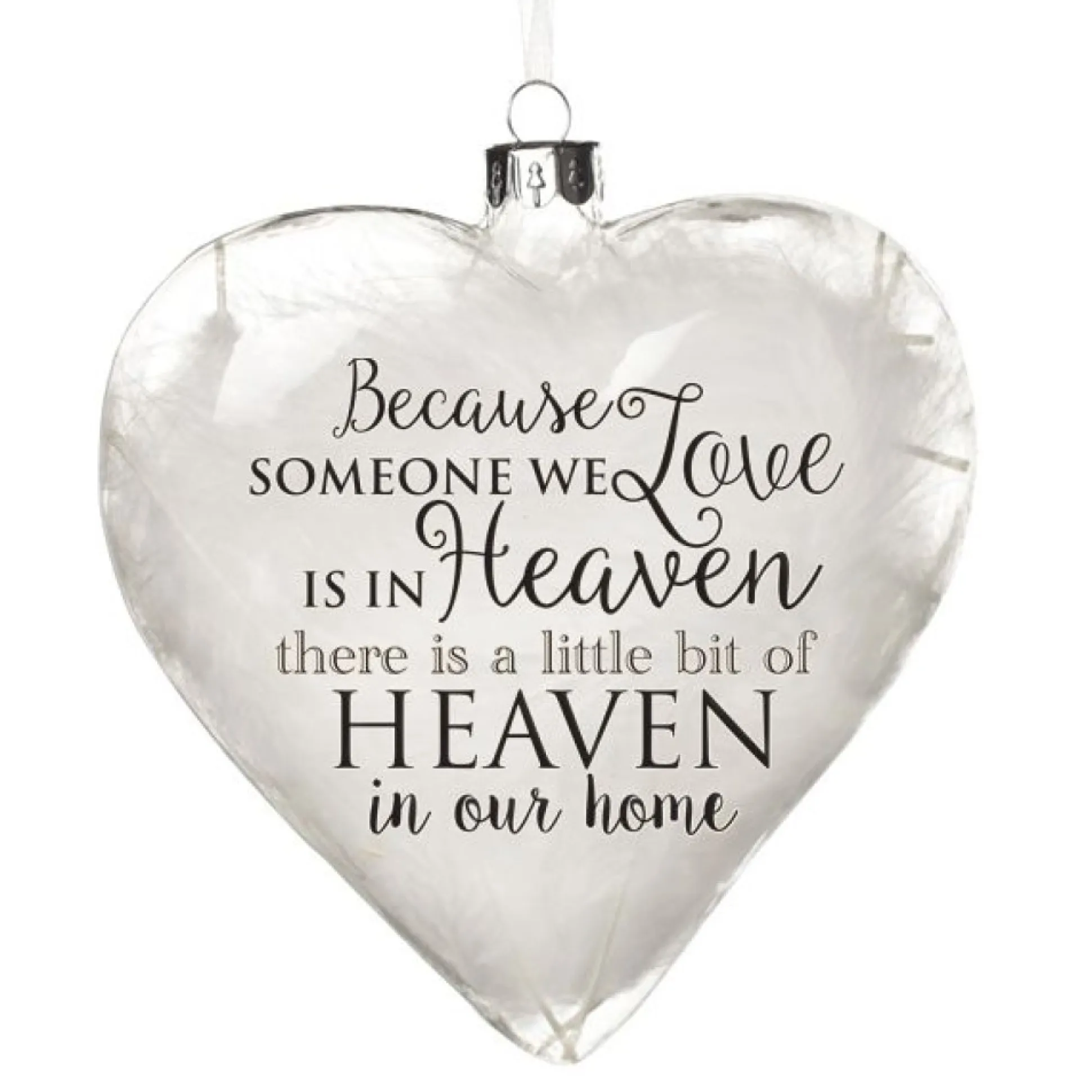 Personalised White Feather Glass Heart - Heaven in Our Home Memorial Baubles|