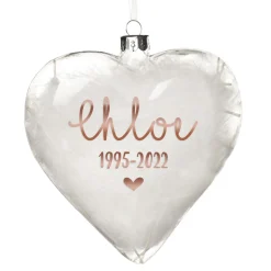 Personalised White Feather Glass Heart - Heaven in Our Home Memorial Baubles|