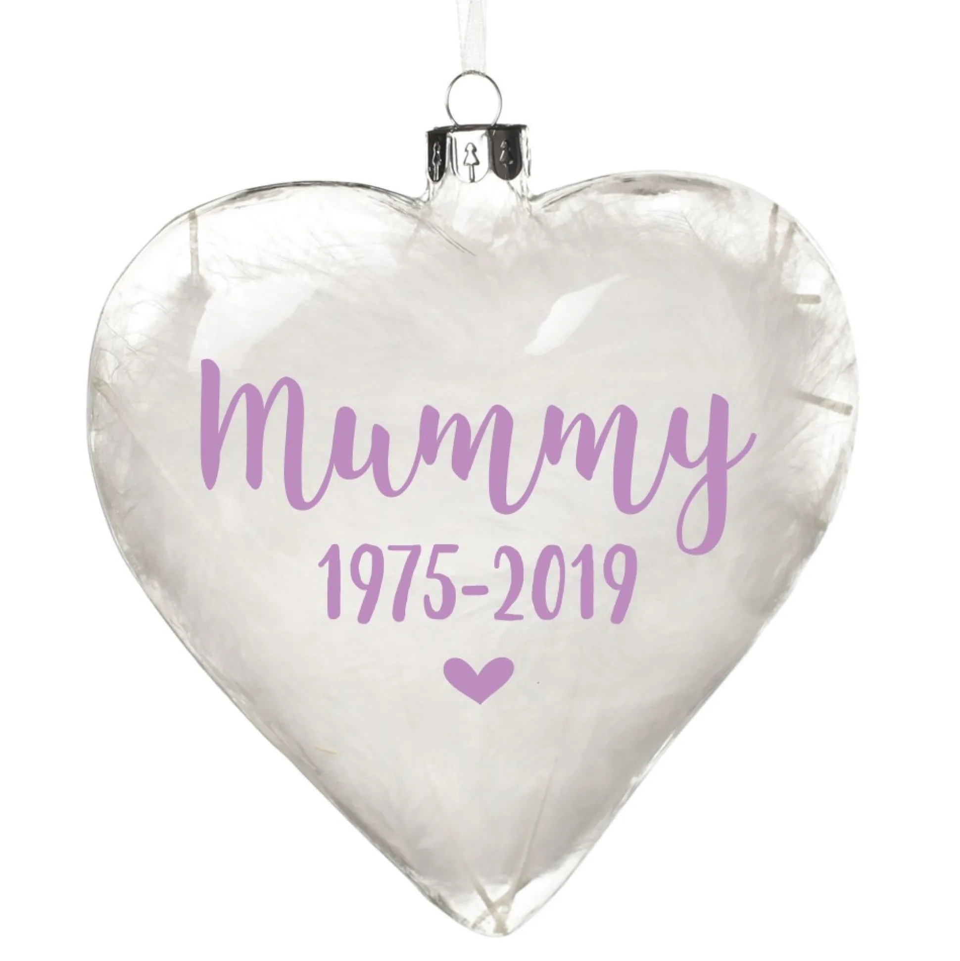 Personalised White Feather Glass Heart - Heaven in Our Home Memorial Baubles|