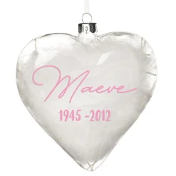 Personalised White Feather Glass Heart - Heaven in Our Home Memorial Baubles|