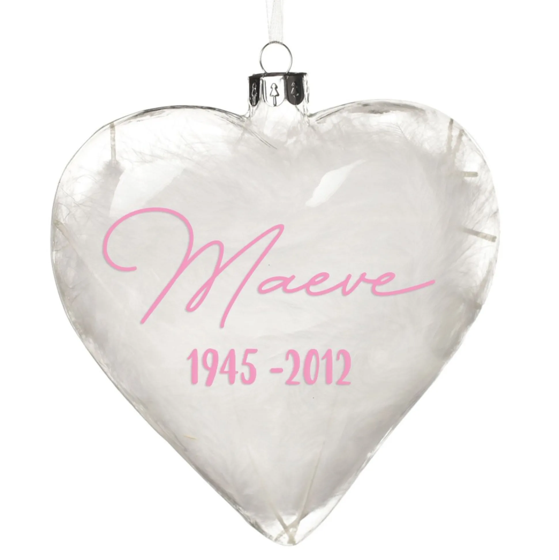 Personalised White Feather Glass Heart - Heaven in Our Home Memorial Baubles|