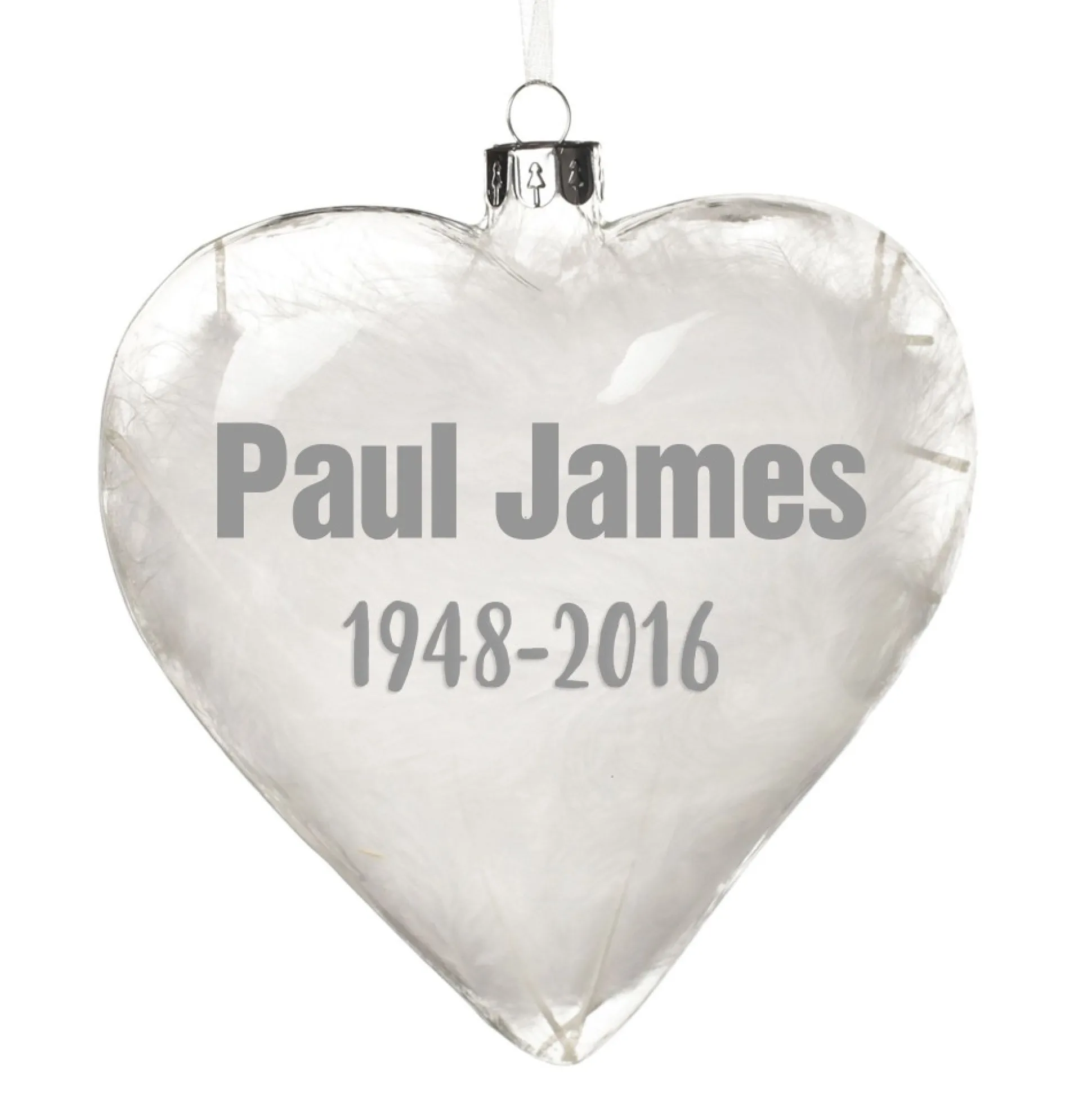 Personalised White Feather Glass Heart - Heaven in Our Home Memorial Baubles|