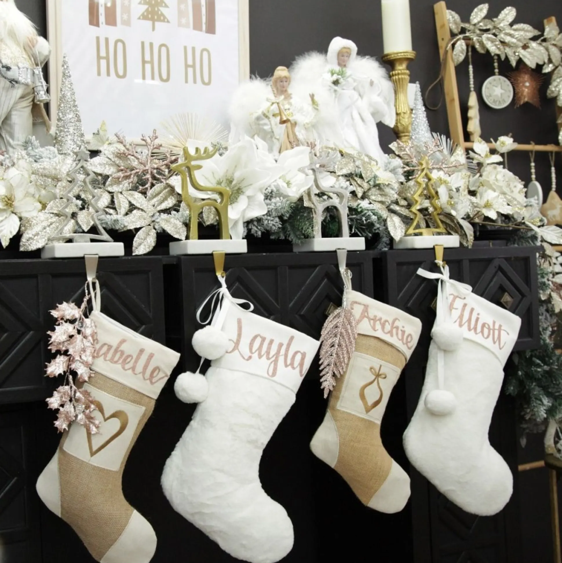 Personalised White Fur Christmas Stocking with Pom Poms Personalised Stockings|