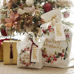 Personalised White Linen Santa Sack Tag Small Personalised Santa Sacks|