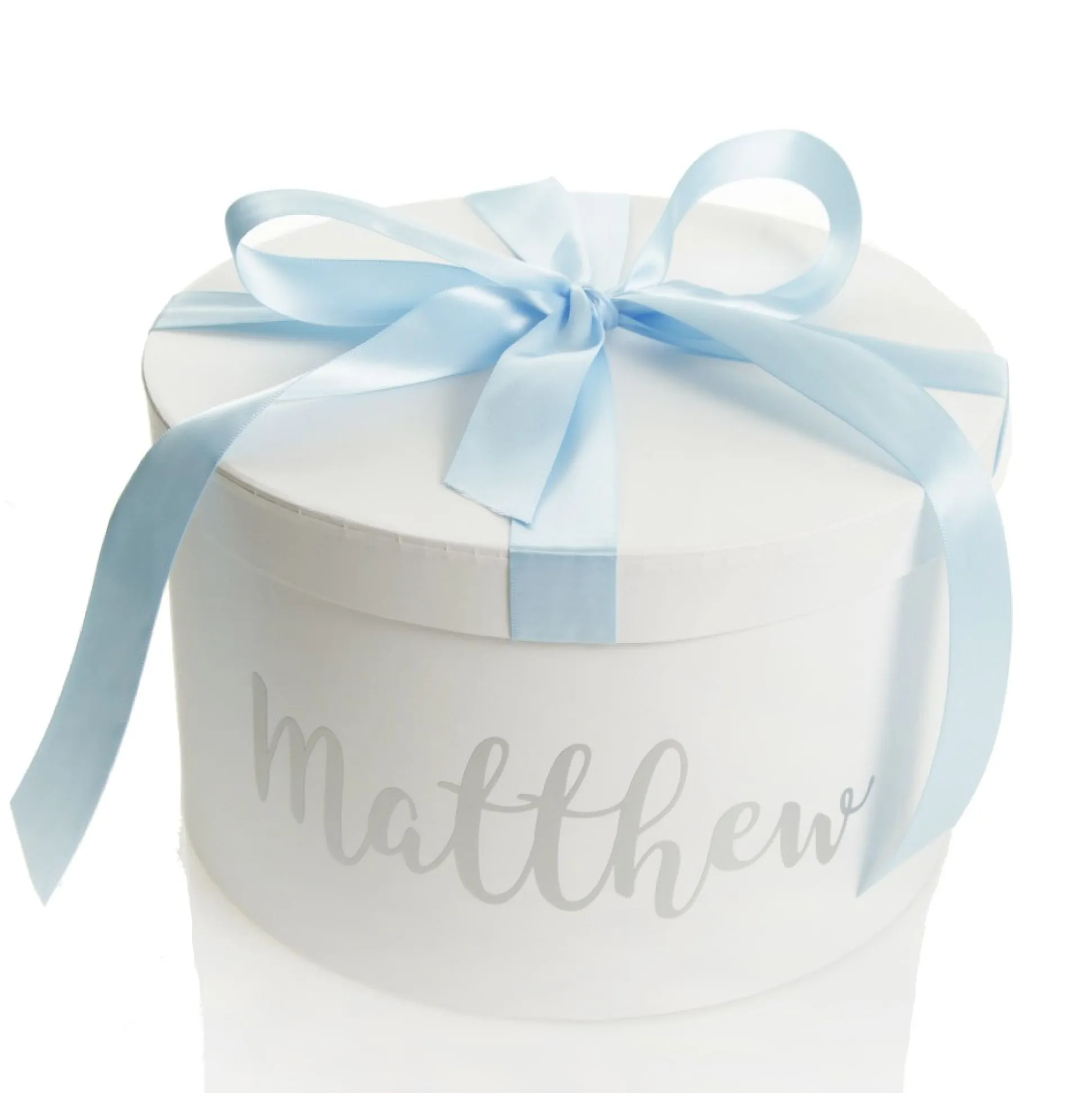 Personalised White Round Gift Box with Baby Blue Ribbon Bow Gift Wrap, Boxes, Bags & Tags|