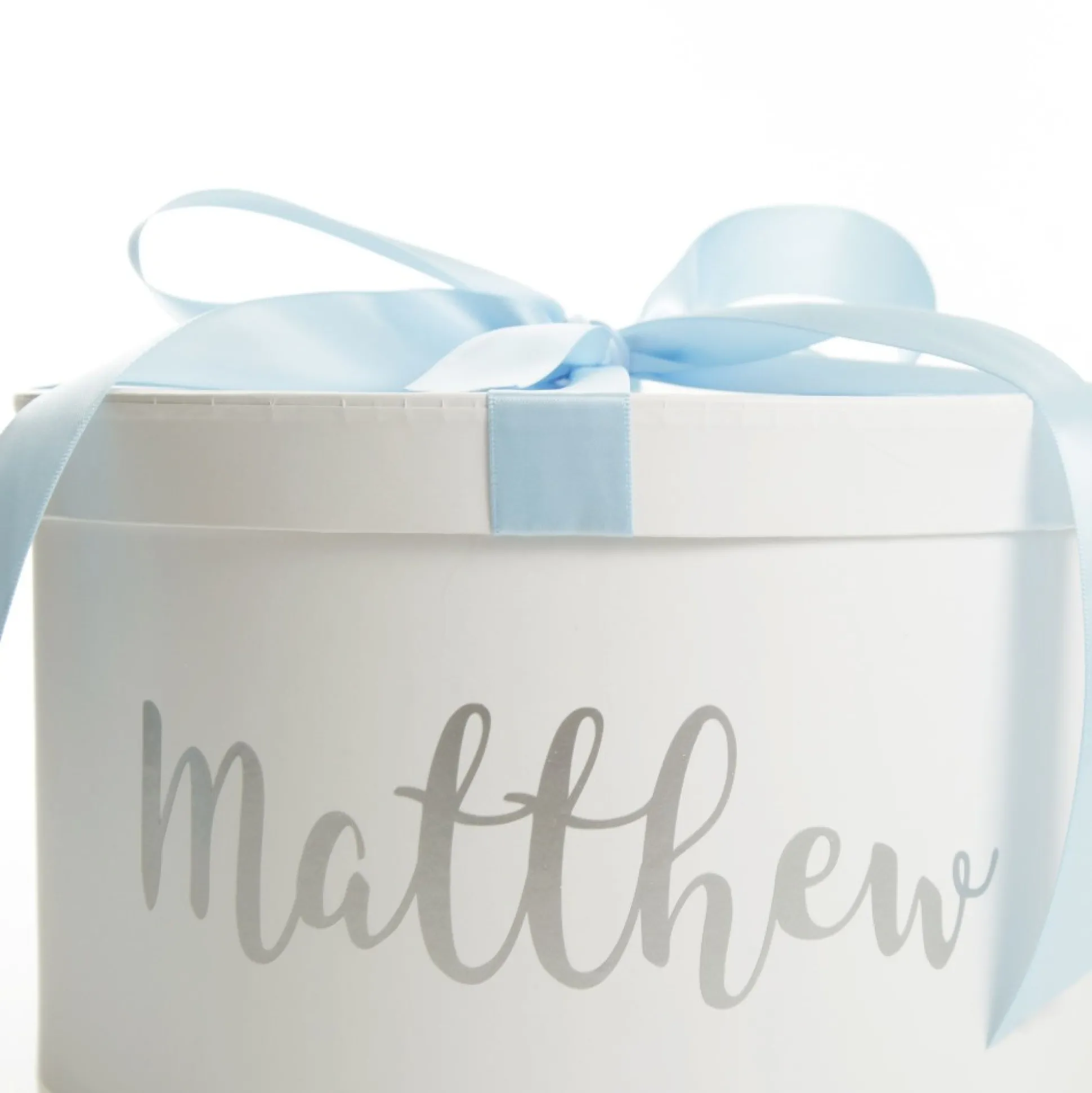 Personalised White Round Gift Box with Baby Blue Ribbon Bow Gift Wrap, Boxes, Bags & Tags|