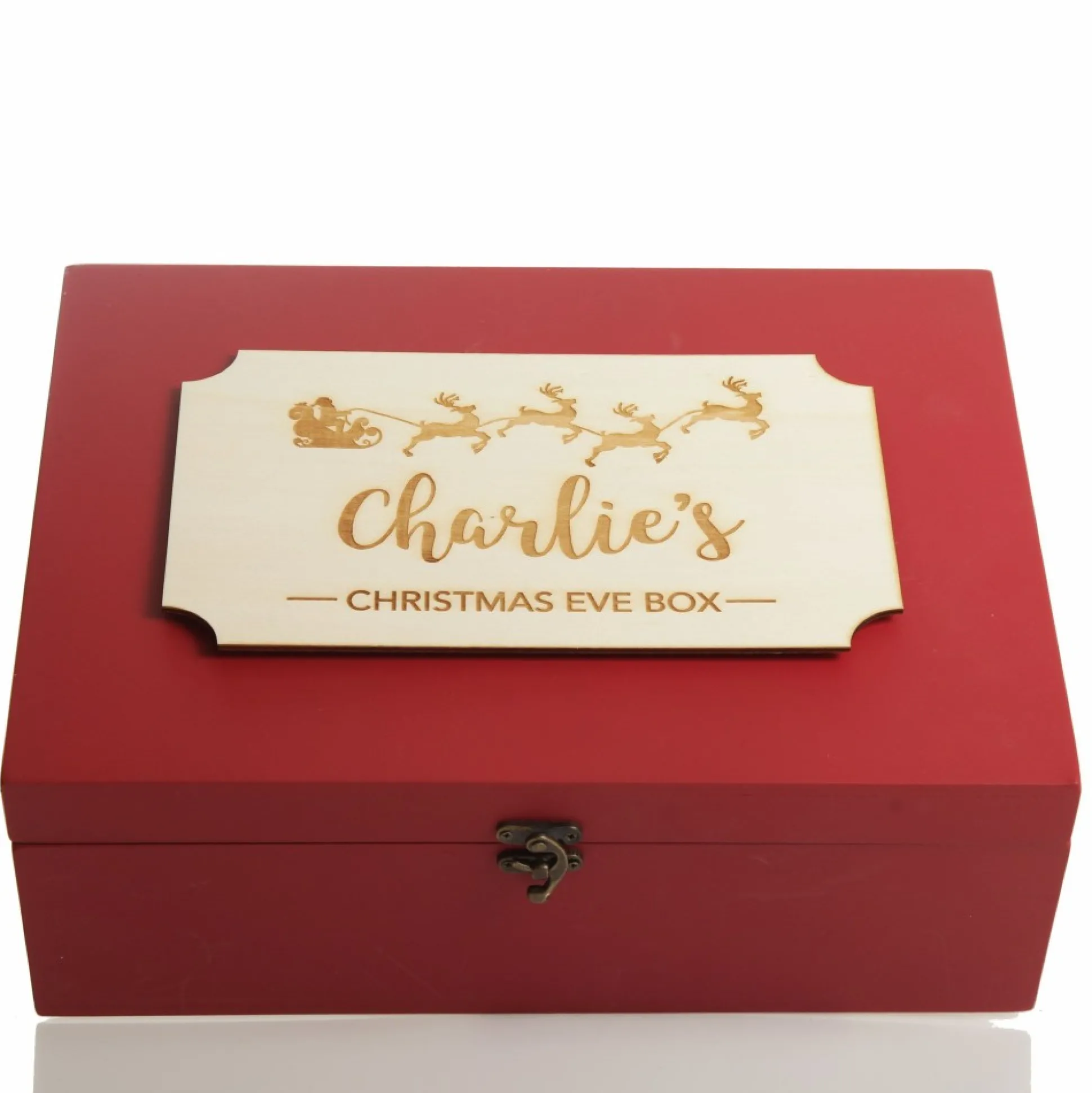 Personalised Wooden Christmas Eve Box with Santa Sleigh Plaque Christmas Eve Keepsake Boxes|