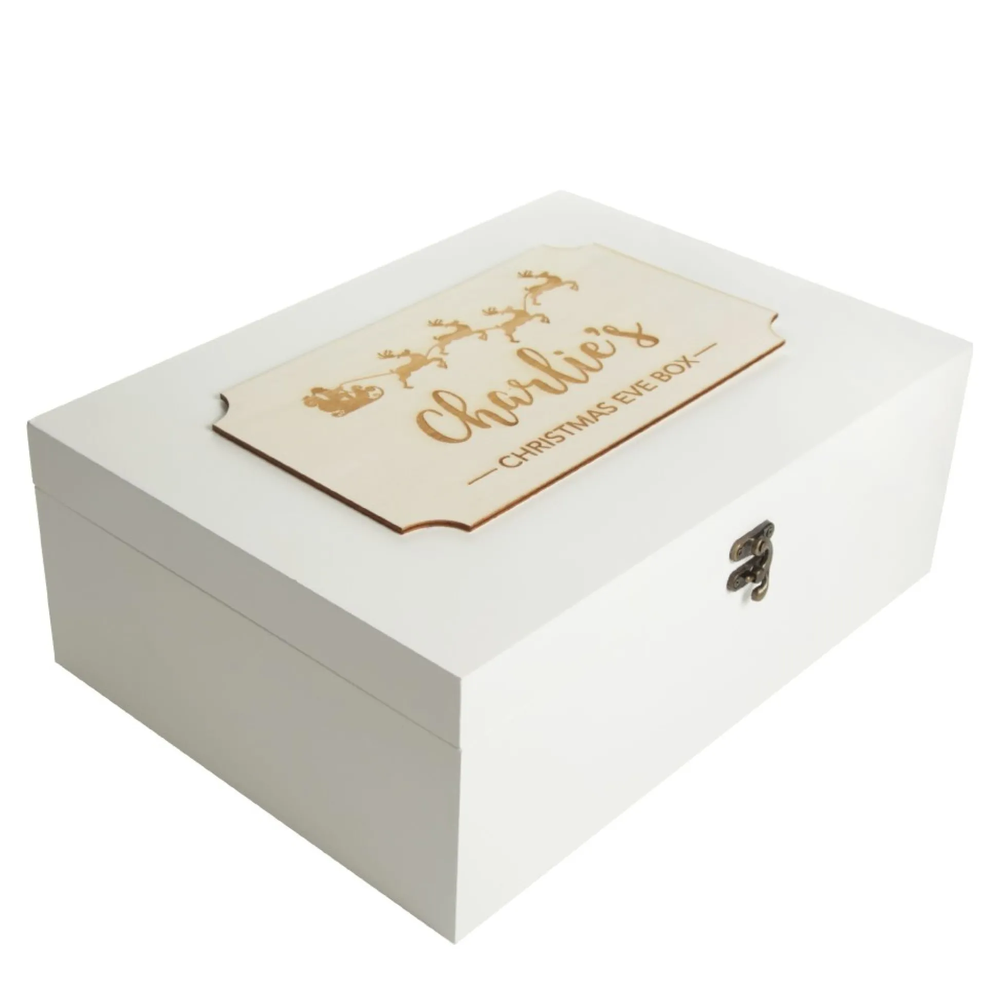 Personalised Wooden Christmas Eve Box with Santa Sleigh Plaque Christmas Eve Keepsake Boxes|