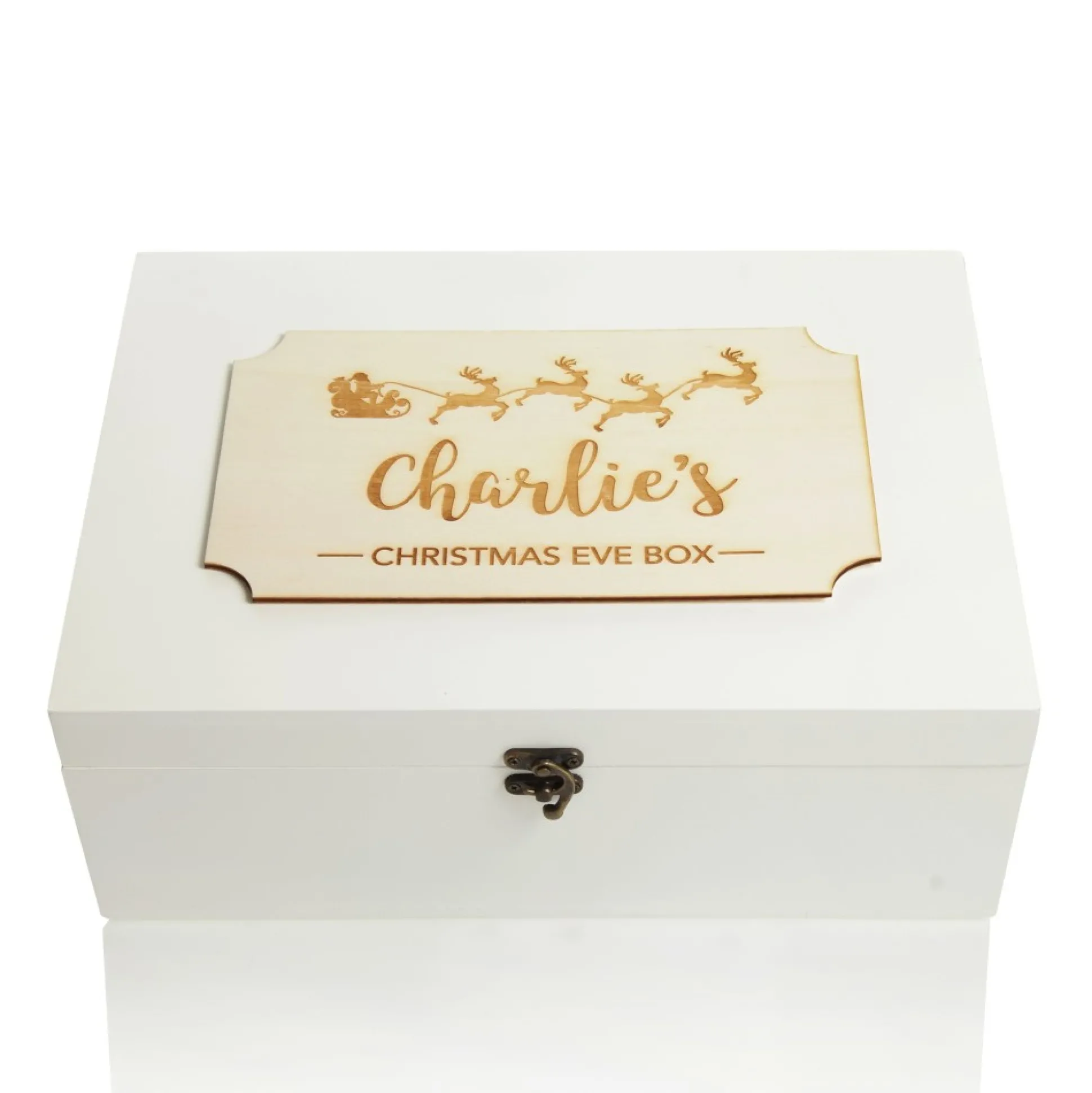 Personalised Wooden Christmas Eve Box with Santa Sleigh Plaque Christmas Eve Keepsake Boxes|
