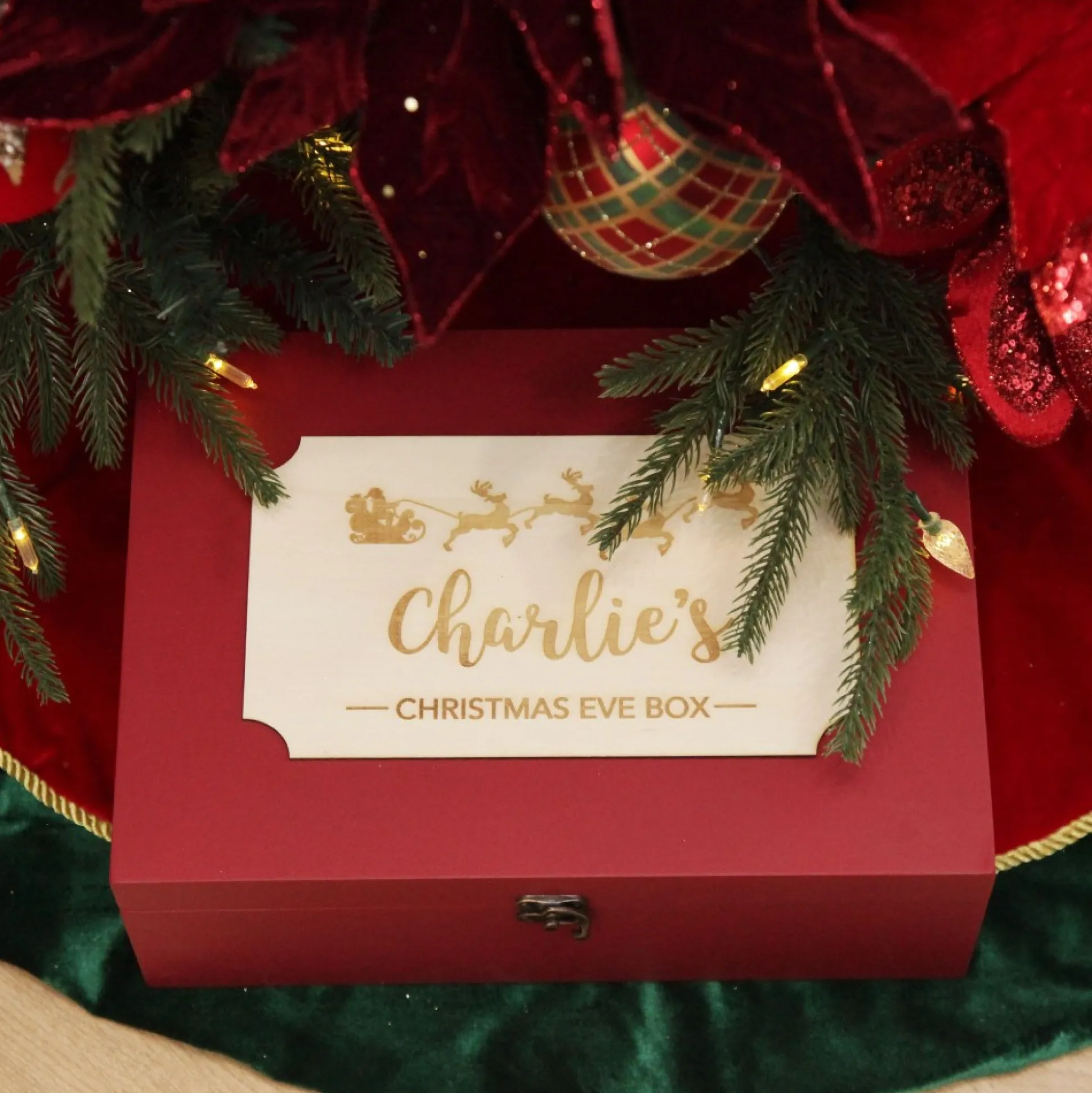 Personalised Wooden Christmas Eve Box with Santa Sleigh Plaque Christmas Eve Keepsake Boxes|