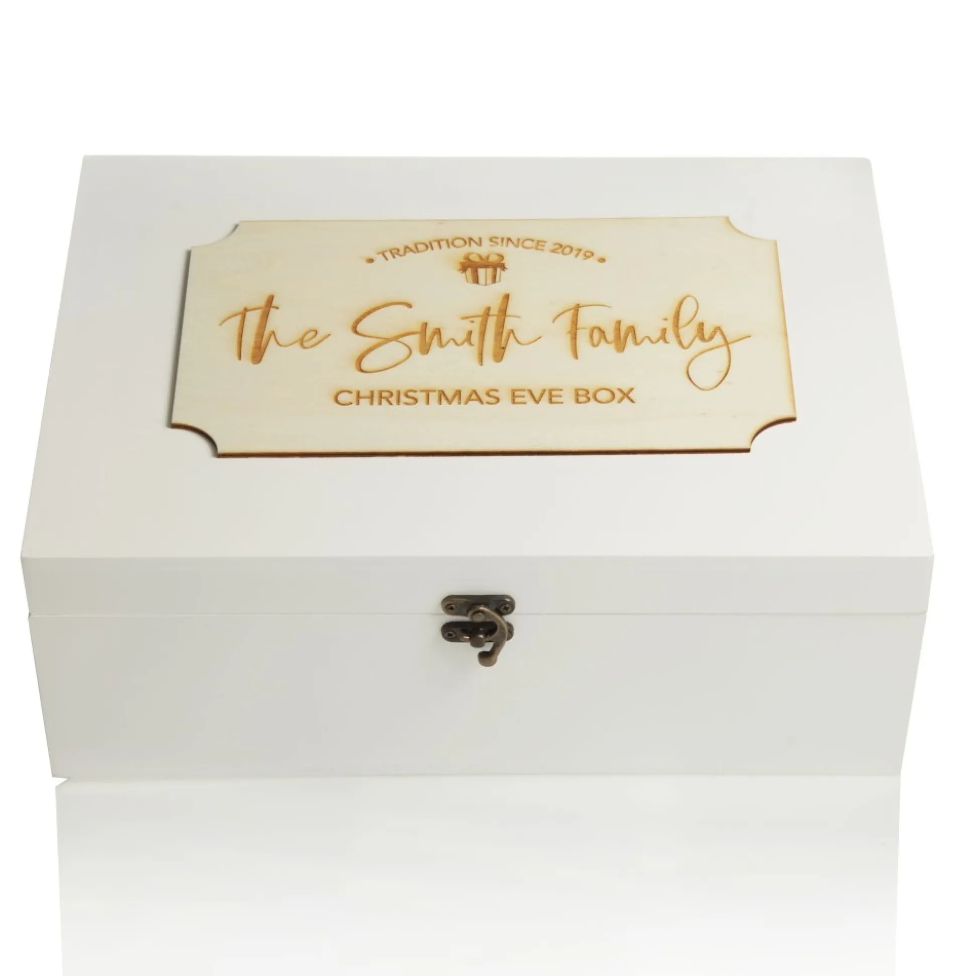 Personalised Wooden Christmas Eve Box with Family Est. Plaque Christmas Eve Keepsake Boxes|